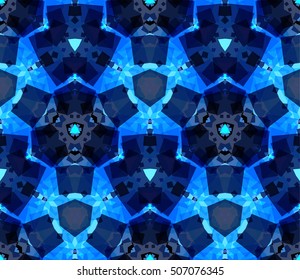Blue kaleidoscope seamless pattern. Composed of color abstract shapes. Useful as design element for texture and artistic compositions.