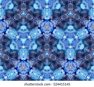 Blue kaleidoscope seamless pattern. Composed of color abstract shapes. Useful as design element for texture and artistic compositions.