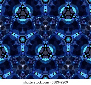 Blue kaleidoscope seamless pattern. Composed of color abstract shapes. Useful as design element for texture and artistic compositions.