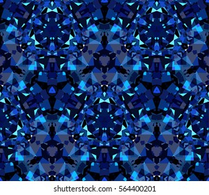 Blue kaleidoscope seamless pattern. Composed of color abstract shapes located on white background. Useful as design element for texture and artistic compositions.