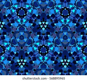Blue kaleidoscope seamless pattern. Composed of color abstract shapes. Useful as design element for texture and artistic compositions.