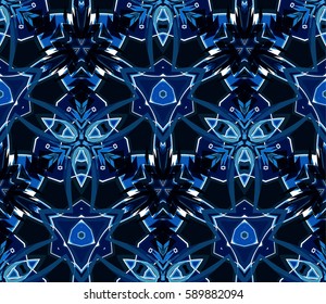 Blue kaleidoscope seamless pattern. Composed of abstract elements located on white background. Useful as design element for texture and artistic compositions.