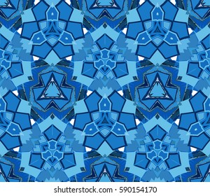 Blue kaleidoscope seamless pattern. Composed of abstract elements located on white background. Useful as design element for texture and artistic compositions.