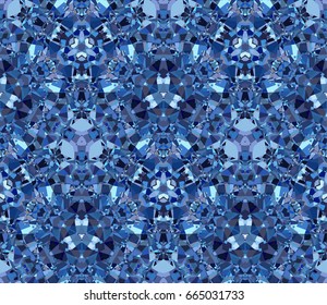Blue kaleidoscope seamless pattern. Composed of color abstract shapes. Useful as design element for texture and artistic compositions.