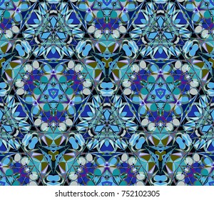 Blue kaleidoscope seamless pattern. Composed of abstract shapes. Useful as design element for texture and artistic compositions.