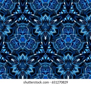 Blue kaleidoscope seamless pattern consisting of abstract shapes. Useful as design element for texture and artistic compositions.