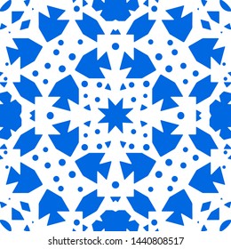 Blue kaleidoscope seamless pattern with decorative ornaments. Ornamental vivid background. For wall tile, floor, kitchen, bathroom, etc.