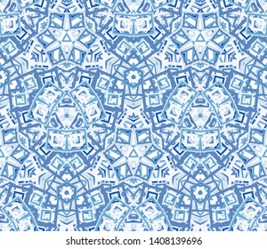 Blue kaleidoscope seamless pattern. Geometric abstraction on white background. Useful as design element for texture and artistic compositions.