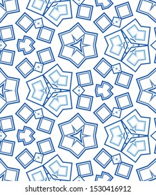 Blue kaleidoscope seamless pattern. Geometric abstraction on white background. Useful as design element for texture and artistic compositions.