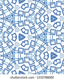 Blue kaleidoscope seamless pattern. Geometric abstraction on white background. Useful as design element for texture and artistic compositions.