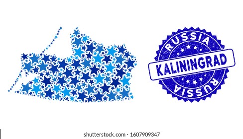 Blue Kaliningrad Region map collage of stars, and scratched rounded seal. Abstract territorial scheme in blue color tinges. Vector Kaliningrad Region map is created of blue stars.