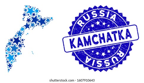 Blue Kamchatka map composition of stars, and textured round seal. Abstract geographic plan in blue color tints. Vector Kamchatka map is created of blue stars.