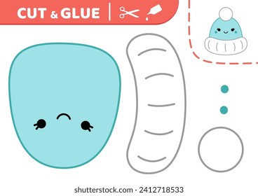 Blue kawaii hat. Cut and glue. Kawaii hat. Squishmallow. Applique. Paper game. Vector 