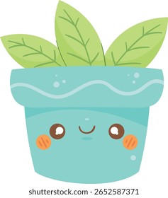 
blue kawaii plant pot happy face