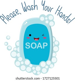 Blue kawaii soap with the text 'Please, Wash Your Hands'