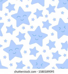 Blue kawaii stars, cute seamless pattern for babies, kids print. Vector illustration on white background.