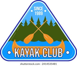 Blue kayak club emblem with crossed paddles, water, trees, and mountains. Adventure badge design since 1989. Outdoor canoeing and kayaking vector illustration.