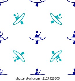 Blue Kayak and paddle icon isolated seamless pattern on white background. Kayak and canoe for fishing and tourism. Outdoor activities.  Vector