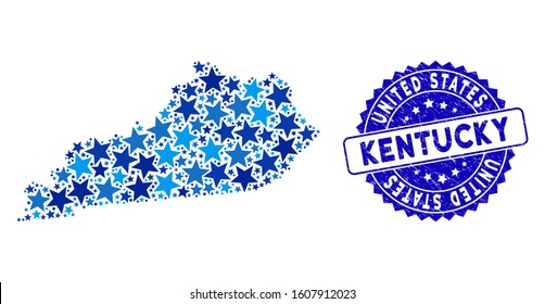 Blue Kentucky State map mosaic of stars, and grunge rounded stamp. Abstract territorial plan in blue color tints. Vector Kentucky State map is designed of blue stars.