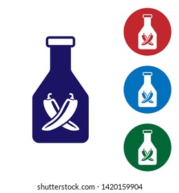 Blue Ketchup bottle icon isolated on white background. Hot chili pepper pod sign. Barbecue and BBQ grill symbol. Set color icon in circle buttons. Vector Illustration