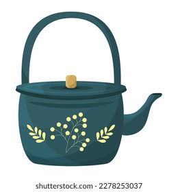 Blue kettle with decorations, vector illustration flat