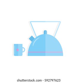 Blue kettle and tea cup. Tea set. Flat