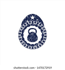Blue kettlebell icon inside distress grunge stamp