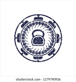 Blue kettlebell icon inside distressed grunge style stamp