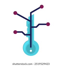 Blue key connected to purple circles, symbolizing connectivity and security suitable for technology, networking, cybersecurity concepts and designs