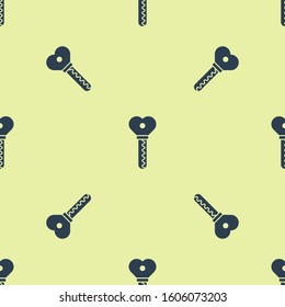 Blue Key in heart shape icon isolated seamless pattern on yellow background. Valentines day.  Vector Illustration