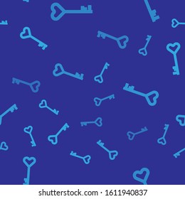 Blue Key in heart shape icon isolated seamless pattern on blue background. Valentines day symbol.  Vector Illustration
