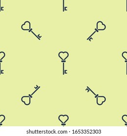 Blue Key in heart shape icon isolated seamless pattern on yellow background.  Vector Illustration