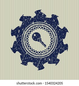 Blue key icon inside distress rubber grunge texture seal