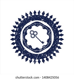 Blue key icon inside distressed with rubber seal texture