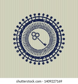 Blue key icon inside distressed grunge style stamp