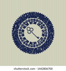 Blue key icon inside distressed grunge seal