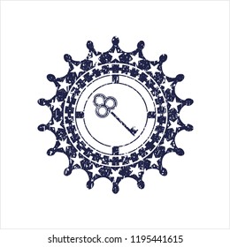 Blue key icon inside rubber grunge texture stamp