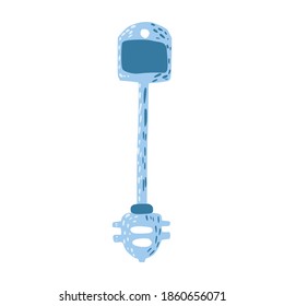 Blue key isolated on white background. Abstract element for door in doodle vector illustration.
