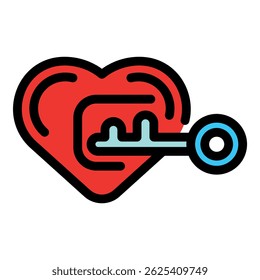 Blue key is unlocking a red heart, symbolizing the concept of finding love