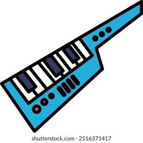A blue keyboard with black keys. The keyboard is a musical instrument