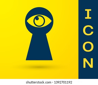 Blue Keyhole with eye icon isolated on yellow background. The eye looks into the keyhole. Keyhole eye hole. Vector Illustration