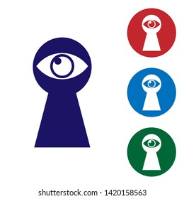 Blue Keyhole with eye icon isolated on white background. The eye looks into the keyhole. Keyhole eye hole. Set color icon in circle buttons. Vector Illustration