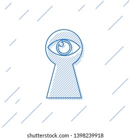 Blue Keyhole with eye line icon isolated on white background. The eye looks into the keyhole. Keyhole eye hole. Vector Illustration