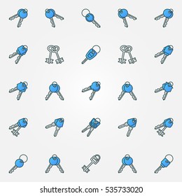 Blue keys icons set. Vector colorful house and car keys symbols or signs