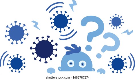 Blue kid hiding from viruses on white background Illustration. Covi-19 children immunity. Dangerous Covid-19 impact. Questions about health care, drugs and vaccines during global SARS-CoV-2 pandemic.