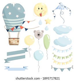  Blue kid set of Hot Air balloon, kite, moon, clouds, balloons, bear, star, drops, ribbons and paper flags. Vector illustration.