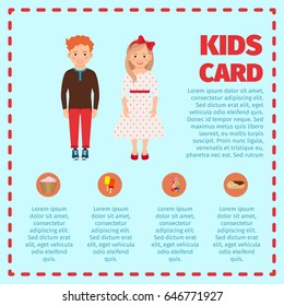 Blue kids card infographic with red hair boy and girl. Vector illustration