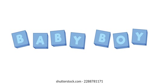 Blaue Kinderwürfel mit Buchstaben im flachen Stil, Vektorgrafik einzeln auf weißem Hintergrund. Textkomposition des Babyjungen, Design-Element, Dekoration für Babydusche