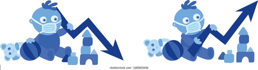 Blue kids holding up and down arrows on white background. Covid-19 pandemic statistics and data. Fatality rate of new infections. Sars-cov-2 outbreak chart. Economic impact illustration. 