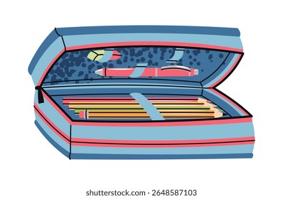 Blue Kids Pencil Case with School Supplies in Flat Style on White Background. Pen Holder for Children's Stationery, Back to School Essentials. Ideal for Educational Content, School Advertising